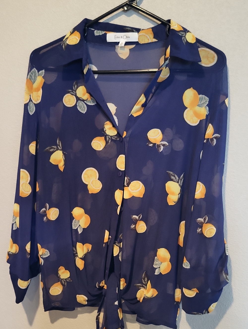 Eden & Olivia Navy Button-Front Sheer Blouse with Yellow Citrus Print